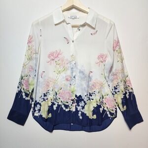 Rose & Olive White Floral Button-Up Blouse with Navy Hem